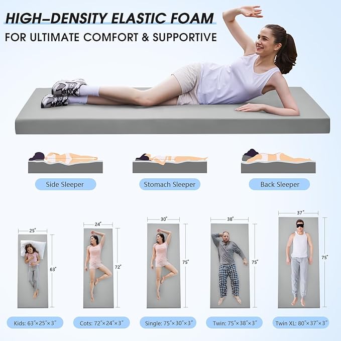 CYMULA Memory Foam Camping Mattress Pad,3inch Sleeping Pad for Camping,Non-Slip Bottom Floor Cot Car Mattress Bed with Retaining Portable Roll up Mattress Pad Mat for Travel Truck Guest Bed Tent