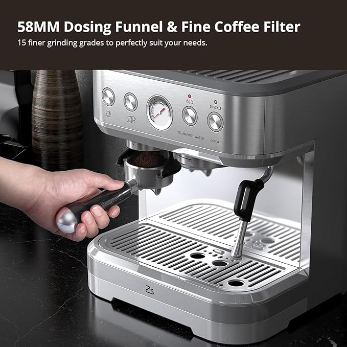 15 Bar Express Espresso Machine with Built-in Grinder,Stainless Steel Semi Automatic Espresso Maker,Dual PID Control, 80oz Water Tank,Heating, Milk Frother & Auto-Cleaning,for Lattes and Cappuccinos