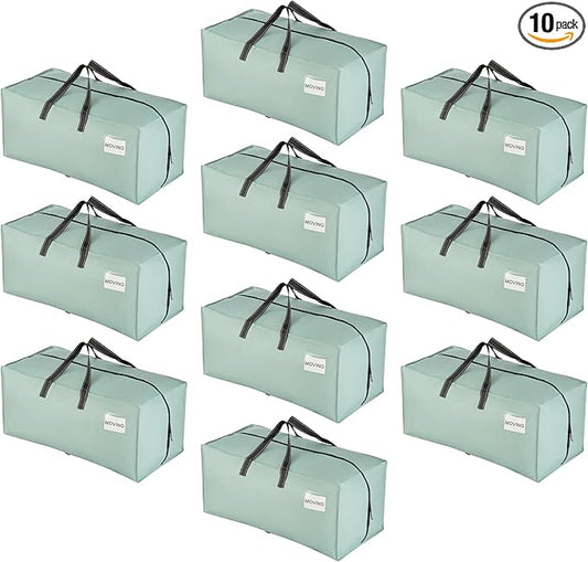 VENO 10 Pack Moving Bags w/Backpack Straps, Heavy Duty, Moving Boxes Alternative, Packing Supplies, Large Storage Totes for Dorm Room Essentials with Zipper for Clothes (Light Green Matte, 10 Pack)