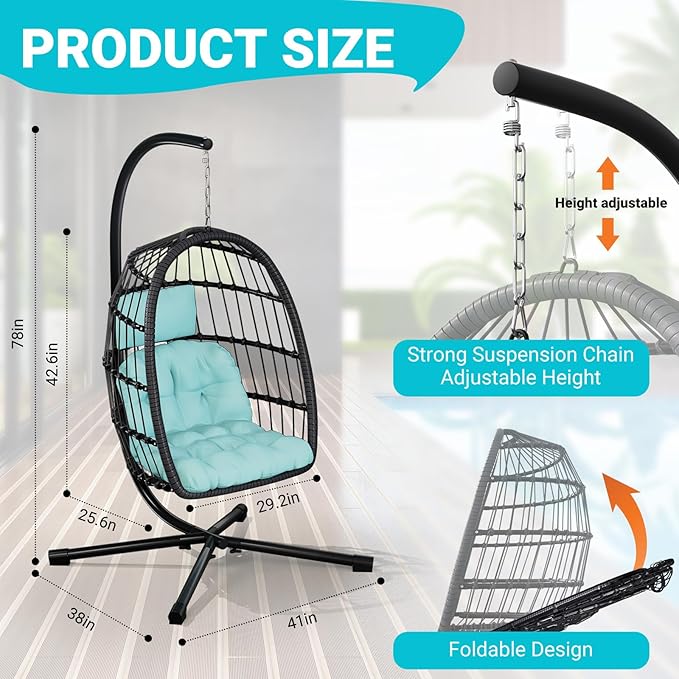 LEVELEVE Egg Chair with Stand,Patio Rattan Wicker Hanging Swing Egg Chair Hammock Chair for Bedroom Porch Garden,Thickened Aluminum Alloy Steel Frame and UV Resistant Cushion,350LBS Capacity