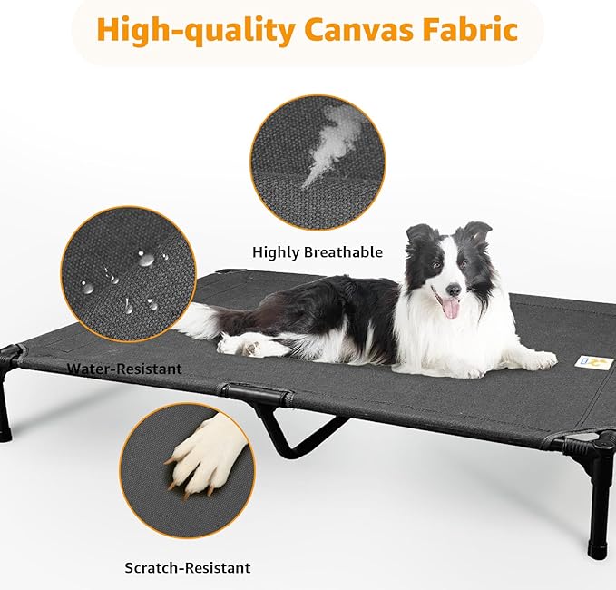 Canvas Elevated Dog Bed, Durable Chew Proof Outdoor Raised Pet Cot for Large Dogs, Waterproof, Breathable, Portable, Washable, Easy Assembly, Sturdy Frame for Camping & Travel, Dark Grey