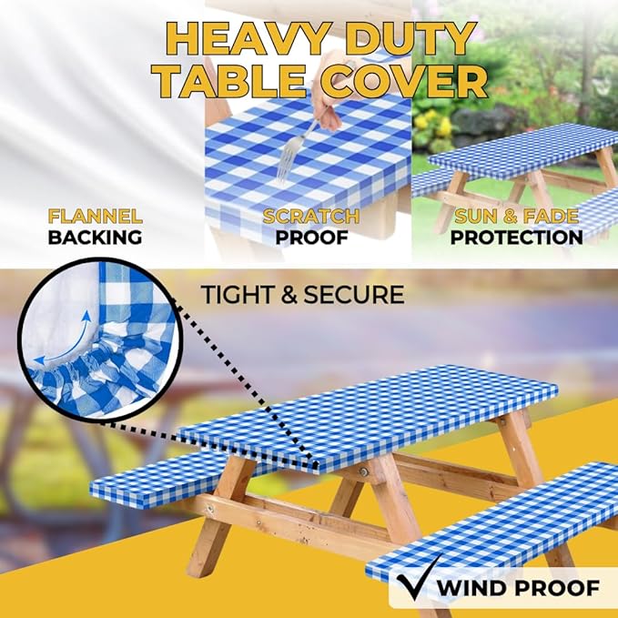 RNOONY Vinyl Fitted Picnic Table Cover with Bench Covers and Bag, 6ft Outdoor Waterproof Picnic Tablecloth with Elastic Edges, 72x30 Inches 3 Pcs Set (Blue Checkered)