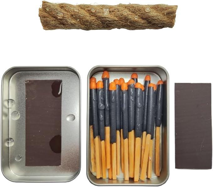 Survival Waterproof Matches Kit – 20/40/60 Fire Matches + Extra Striker in Metal Tin, Waxed Tinder Cords – Stormproof Windproof Fire Starter for Camping & Emergency (1 Tin + Thick Rope)