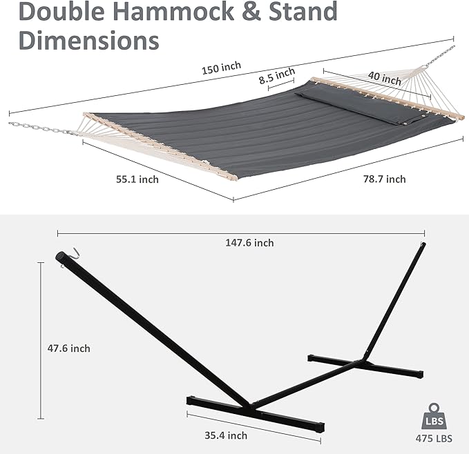 SUNCREAT 2 Person Hammock with Stand, Heavy Duty Portable Hammocks, 475 lbs Capacity, Dark Grey