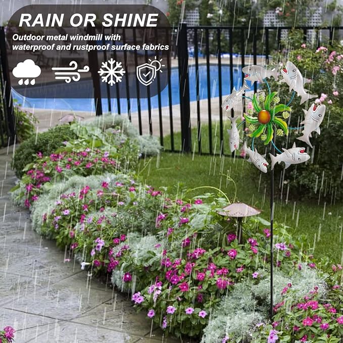 Shark Outdoor Wind Spinners - 39" Ocean-Themed Metal Wind Sculptures Garden Stake Art, 13.5” Windmill Yard Kinetic, Outdoor Decor for Patio & Lawn - Metal Beach Sculpture with Shark Design