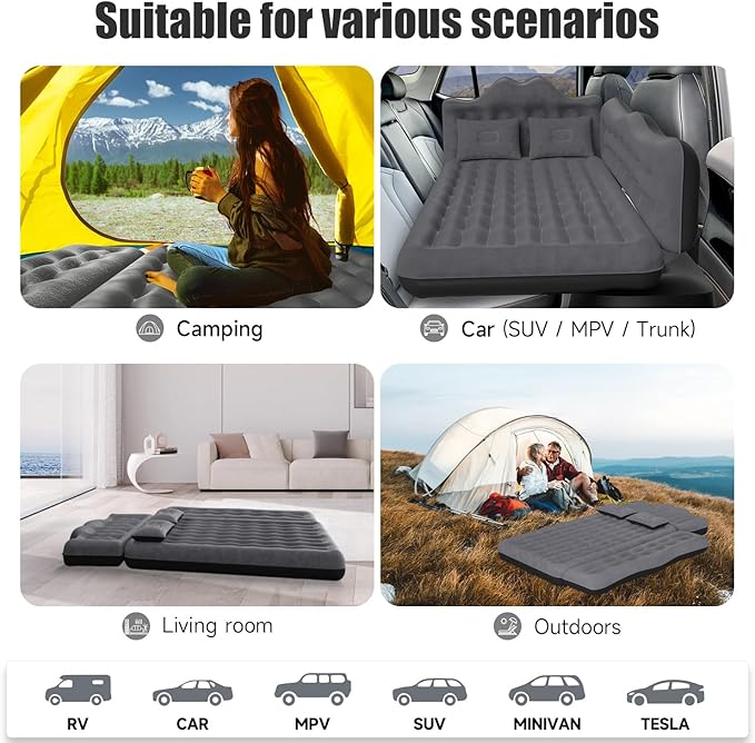 Car Air Mattress, Inflatable SUV Truck Air Mattress Back Seat Camping Bed Thickened Car Sleeping Pad for Travel, Car Bed SUV Mattress with Air Pump 2 Pillows