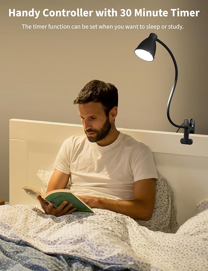 BOHON Desk Lamp 5 Color Modes 10 Brightness Dimmer Reading Light 10W 38 LED Clamp Lamp with Auto Off Timer 360° Flexible Gooseneck Clip on Light for Bed Bedside, AC Adapter Include