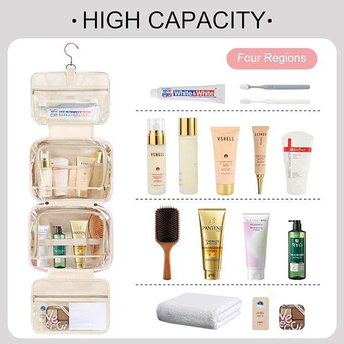 TOPEAST Hanging Toiletry Bag for Women - Travel Toiletry Bag Makeup Bag, Portable Toiletries Cosmetic Bag, Airplane Travel Essentials - Letter N, Pink