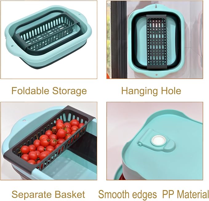 11L（2.91 Gallon） Collapsible Dish Basin with Drain Plug, Space Saving Outdoor Multiuse Foldable Sink Tub, Dishpan, Portable Kitchen Storage Tray for Vegetable Washing, Camping, RV (Green)