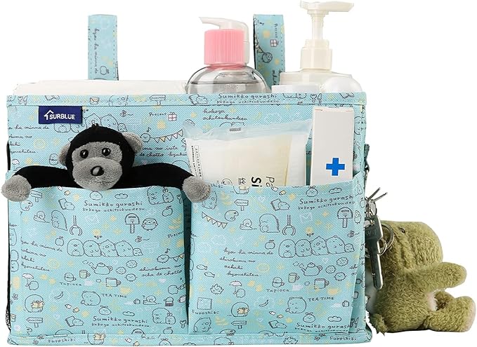 Surblue Bedside Caddy Hanging Bed Organizer Storage Bag Pocket for Bunk and Hospital Beds, College Dorm Rooms Baby Bed Rails,Camp Chiars，Wheelchair Side Bag，4 Pockets and 2 Hooks (Cartoon)