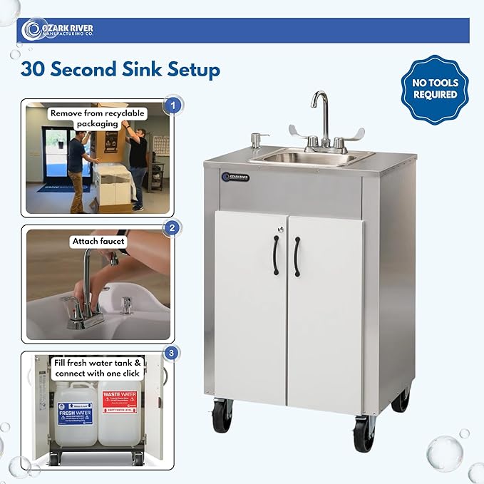Ozark River Portable Sinks Elite LS1, Free Standing Portable Concession Sink, Commercial Restaurant Portable Sink with Hot Water, Stainless Food Service Sink, White Doors-White Edges