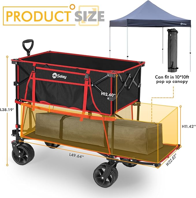 400L Large Capacity Folding Double Decker Wagon with Brakes, 50" Extra Long Extender Cart, 500lbs Heavy Duty Collapsible Wagons, All-Terrain Big Wheels for Camping, Sports, Shopping. Red&Black