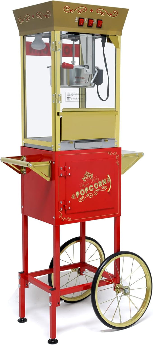 Popcorn Maker Machine - Professional Cart With 12 Oz Kettle Makes Up to 80 Cups, Stainless Steel Vintage Commercial Popcorn Machine Movie Theater Style (Red)