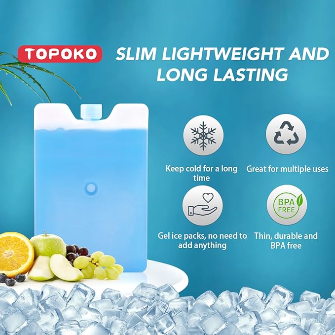 TOPOKO Ice Packs for Lunch Bags, Cooler. Freezer Packs for Lunch Box, Cooler Bag. Slim Reusable & Long-Lasting, BPA-Free, Quick Freeze, Perfect for Picnic, Camping, Beach, Outdoor Sports.
