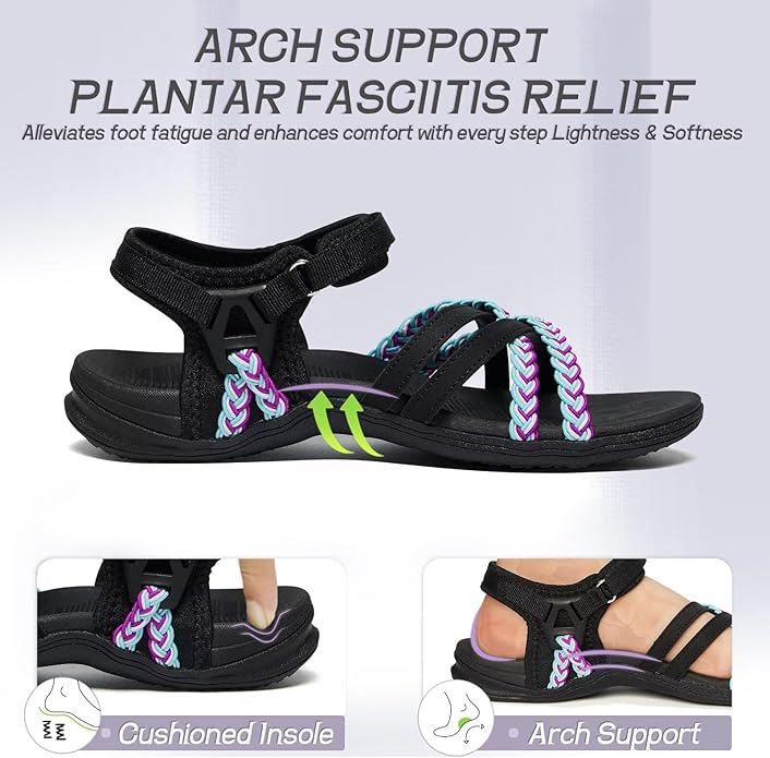 MEGNYA Hiking Sandals for Women, Arch Support Comfortable Walking Sandals Hook Loop Strap, Sports Lightweight Slides