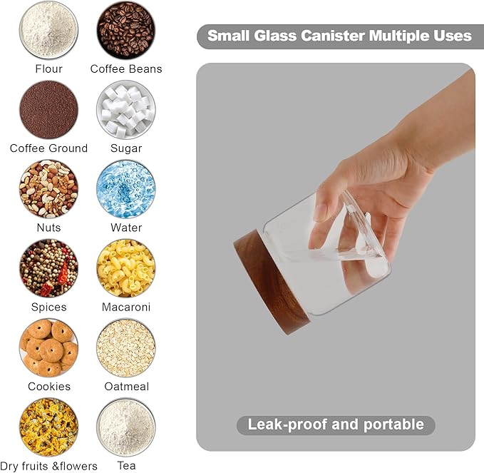 Glass Coffee Jars Spice Jar Round Storage Canister with Wooden Lid Clear Glass Food Jar for Pantry Sugar Tea Coffee Bean Spice Nuts Cookies Bath Salts (500ml/16oz-2pack)