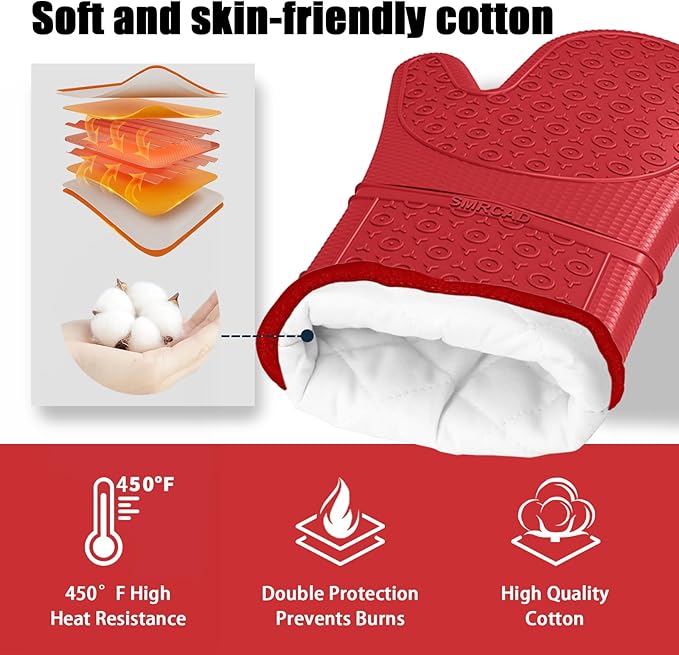 Oven Mitts with Heat-Resistant Hot Pads and Five Silicone Spatulas Designed for Kitchen Baking Cooking, Oven Glove Soft Cotton Lining, Waterproof, BPA-Free (RED, 12.6)