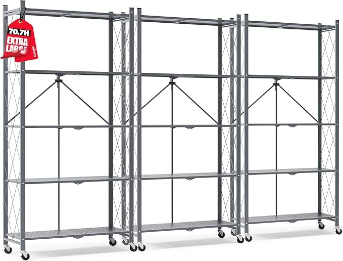 ALANNG 70.7" H Metal Storage Shelves, 5 Tier Folding Shelf on Wheels, Heavy Duty, No Assembly, Rolling, Collapsible Rack Unit for Kitchen, Basement, Pantry (Gray,3 Pack)