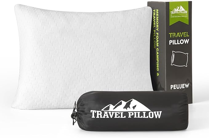 Small Shredded Memory Foam Pillow, Camping Pillow Travel Pillow - Compressible Medium Firm, Breathable Cover, Ideal Backpacking Hiking, Airplane and Car (Off-White, S)