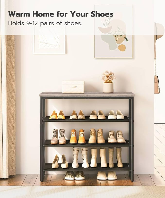 HOOBRO Shoe Rack, 4 Tier Shoe Storage Organizer with 3 Oxford Fabric Shelves and Top Panel, Holds 12-16 Pairs of Shoes for Entryway and Closet, Industrial, Greige BG47XJ01G1