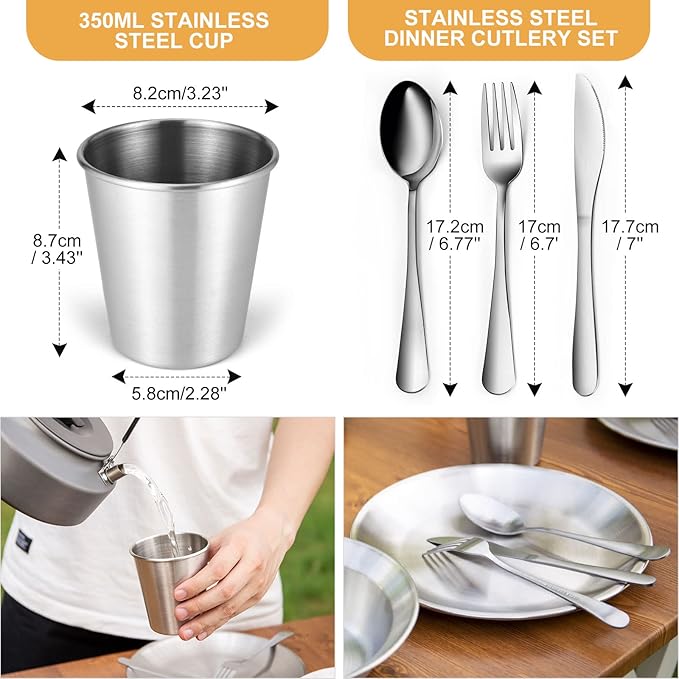 Odoland Camping Complete Messware Kit, Polished Stainless Steel Camp Dinnerware, Camping Cooking Tableware, Cutlery Organizer Utensil with Plates and Bowls Set for Backpacking, Hiking, Picnic Picnic.