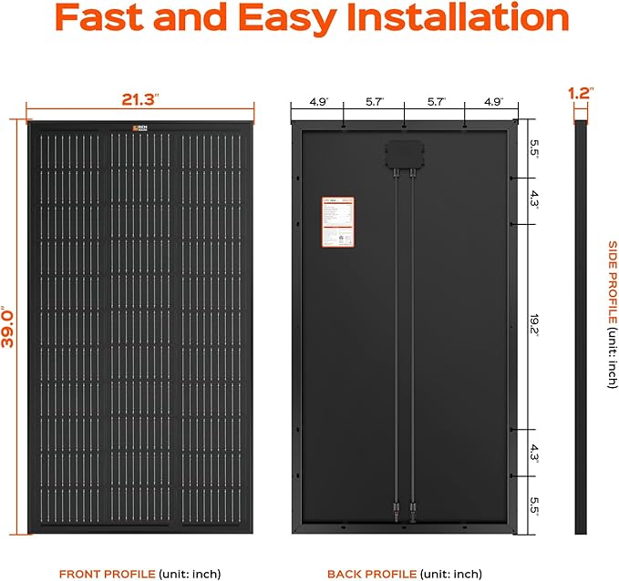 RICH SOLAR 100 Watt 12 Volt 9BB Cell Monocrystalline Solar Panel High Efficiency Solar Module Charge Battery for RV Trailer Camper Marine Off Grid All Black
