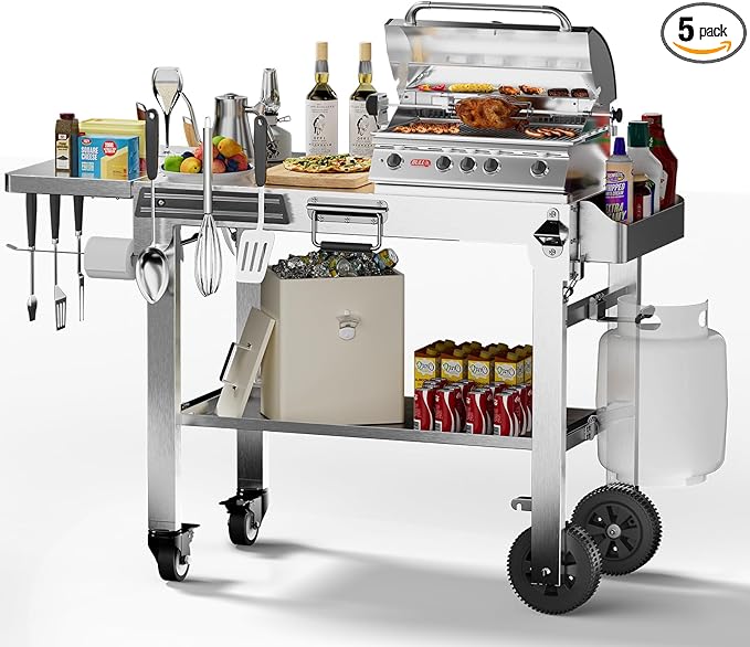 Food Grade 304 Stainless Steel BBQ Grill Table fits Tabletop Griddle, Outdoor Grill Table with 4 Foldable Legs, Portable Grill Stand for RV, Camping, Tailgating