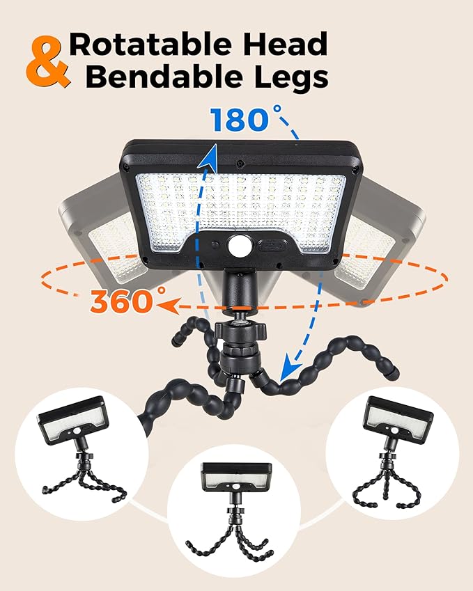 Solar Motion Lights Outdoor,600LM Motion Sensor Solar Light with Flexible Octopus Tripod,Dual Charging,Outdoor Sercurity Lights for Deck Fence, Garden,Camping,Patio (Black, 1)