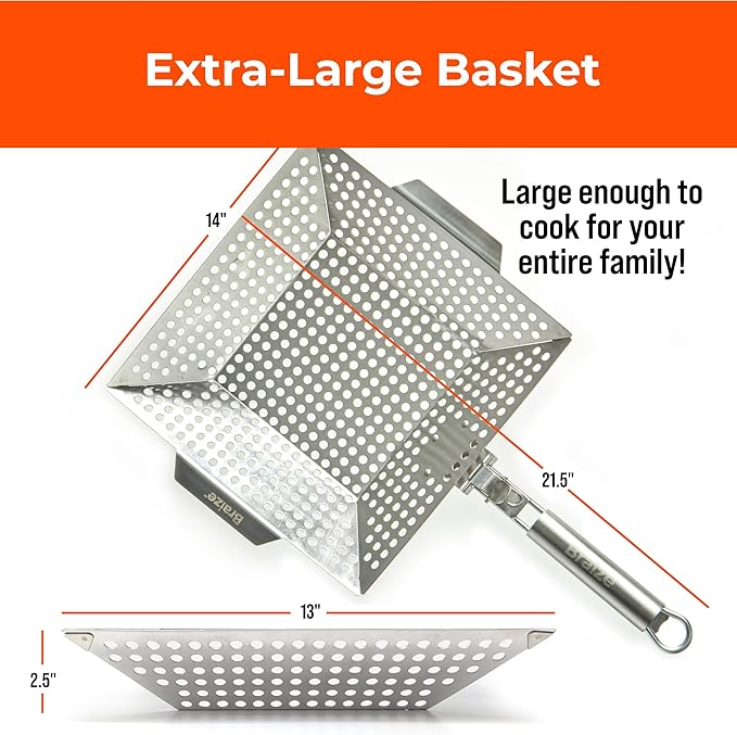 Heavy-Duty Stainless Steel Grill Basket – 12" x 13.75" BBQ Basket with Removable Handle – Large Grilling Basket for Vegetables, Fish & Meat – Includes 4 Bonus Scrub Sponges