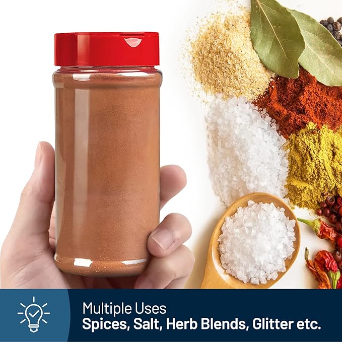 RoyalHouse 6 Pack 16 Oz Plastic Spice Jars with Red Cap, Clear and Safe Plastic Bottle Containers with Shaker Lids for Storing Spice, Herbs and Seasoning Powders, BPA Free, Made in USA