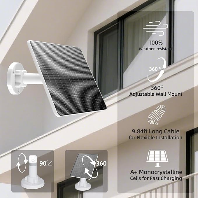 FlexSolar 6W Solar Panel for Security Cameras, IP67 Waterproof with 3 Output Ports (Type-C/Micro-USB/Lighting), 10ft Cable & 360° Adjustable Mount