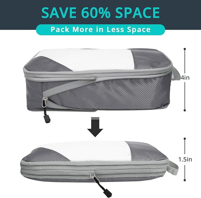 6 Set Compression Packing Cubes for Travel - Compressible, Lightweight, and Space-Saving Packing Cubes, Travel Essentials for Women, Grey