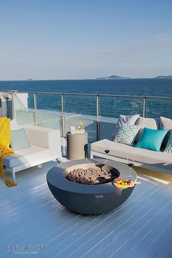 Elementi Lunar Bowl Cast Concrete Fire Table, Outdoor Fire Pit Fire TablePatio Furniture, Light Gray (Liquid Propane Gas)