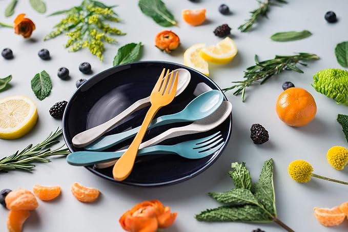 Knork Eco Astrik Reusable Compostable Plant-Based To Go Ware, Utensil Set with Carry Case, Orange Blue White Gray, 8 Piece Utensil Set with Carry Case