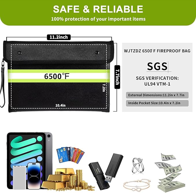 6500°F Fireproof Document Bag with Lock, Upgraded Fireproof/Waterproof Money Bag with Zipper/Reflective Strip,Storage Pouch for Cash,Cell Phone,Passport（Not Suitable for A4 Files）