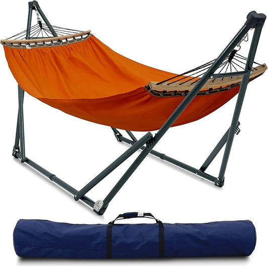 Tranquillo Sturdy Steel Hammock Stand with Premium Cotton Canvas, 600 lbs Capacity Folding Hammock Stand, Portable Hammock 30-Second Fold Unfold Hammock for Camping, Orange