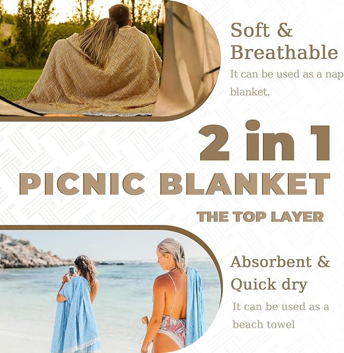 Genovega 2 in 1 Extra Large Outdoor Picnic Blanket Waterproof Woven Boho Mat Giant Beach Towel Travel Essential Yoga Accessories Park Patio Lawn Garden Grass Ground Music Festival Concert Must Have