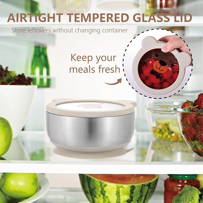 MR. CHOU Baby Bowls with Non-Slip Silicone Suction Cup, Insulated Double-Layer 304 Stainless Steel Toddler Bowls with BPA Free Airtight Lids, Food-Grade Silicone Safe for Kids (Beige)