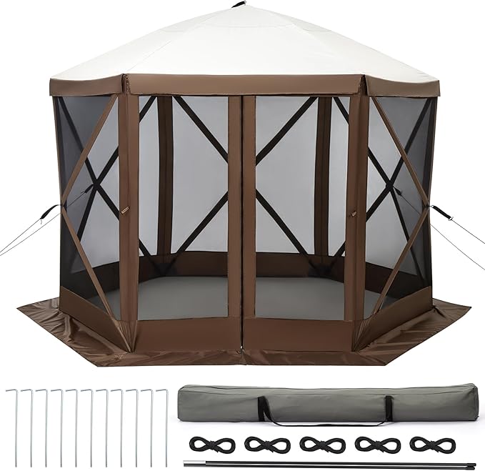 12x12FT Portable Gazebo Tent with Mosquito Netting - Instant Setup Canopy Shelter, 6 Sidewalls & Carry Bag, Stakes for Camping, Backyard, Lawn Events