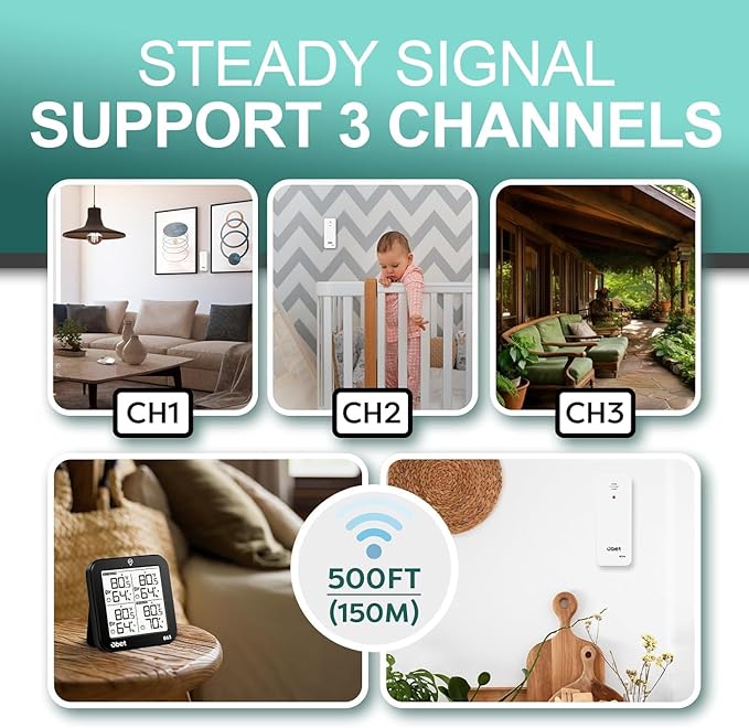 OBET Indoor Outdoor Thermometer Wireless with 3 Sensors Weather Station Temperature Humidity Monitor 500ft Range and Adjustable Backlight and Min Max Data Black