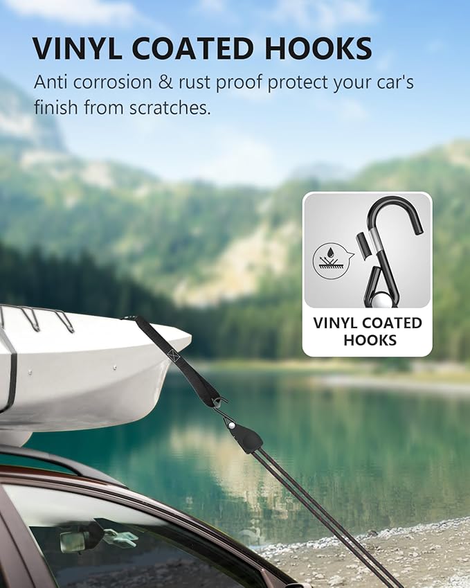 Kayak Straps Tie Downs 8 Pack Set, Roof Rack Straps Adjustable Ratchet Tie Down Straps with Lock S Hooks, 1/4 Inch 12 Feet Ratchet Straps for Small Cargo, Kayak-Soft Loops, Packing, Camping Gear