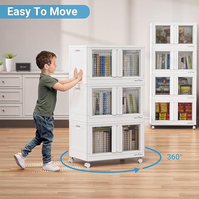 400Qt Stackable Storage Bins with Lids, 100Gal Closet Organizers and Storage Drawer, Plastic Collapsible Storage Bins with Doors, Heavy Duty Store Box Cabinet for Home Kitchen, 4Pack White