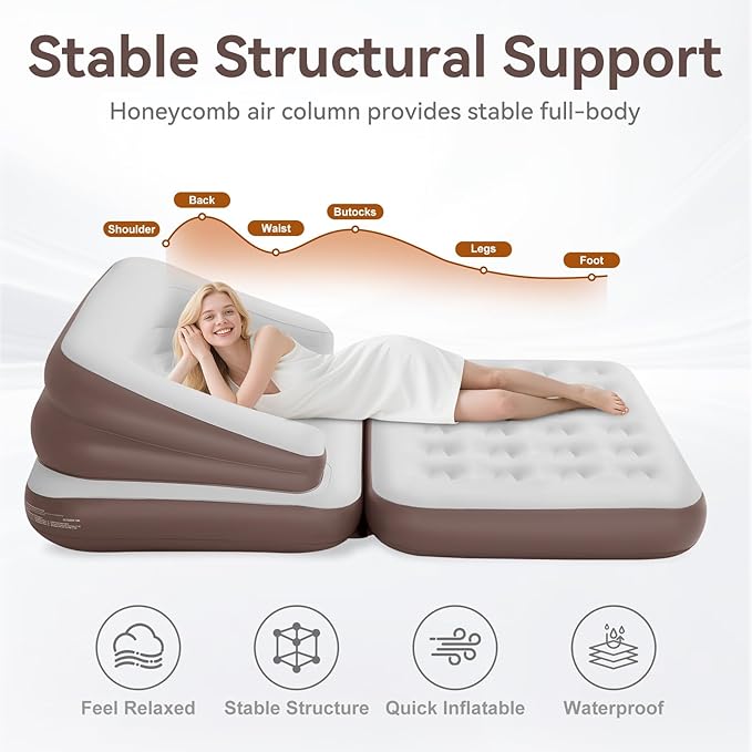 Full Size Air Mattress for Inflatable Portable Blow Up Mattress Sofa Bed with Flocked top-Double Air Couch for Tent Camping(Dark Brown)