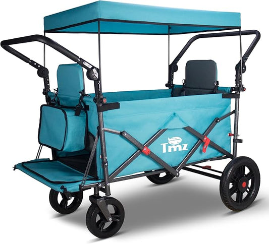 TMZ Foldable Wagon with Canopy, Collapsible Folding Wagon with Adjustable Handle Bar, Multi Functional Cart with Expansion Accessories, Front Expandable Transport Camping Wagon(Turquoise/Grey)