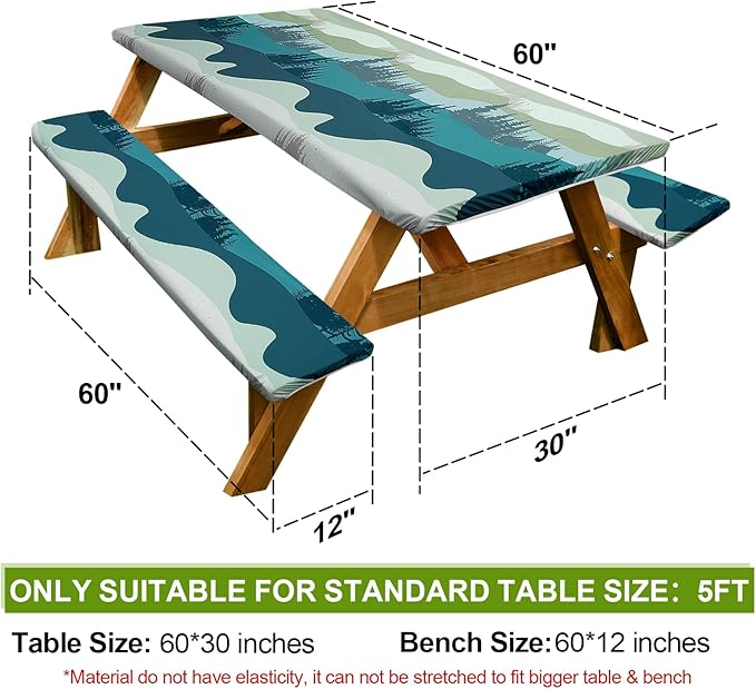 Picnic Table Cover with Bench Covers Camping Essentials Waterproof Windproof Camping Tablecloth with Drawstring Bag, Fitted Rectangle Tables and Seats, 60in, Green Blue