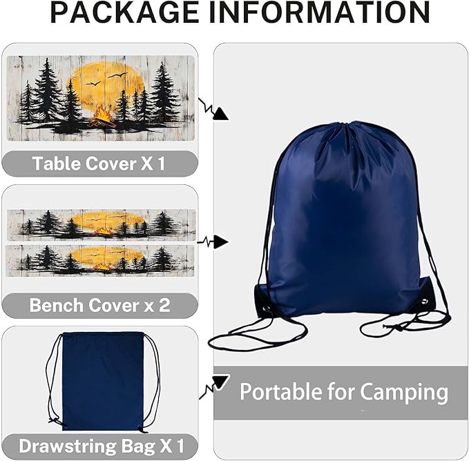 CAPSCEOLL Elastic Picnic Table Cover with Bench Covers 5Ft Waterproof Fitted Picnic Table Cover Cloths for Outdoors Camping Tablecloth with Drawstring Bag, 60X30in, Camping on Wood