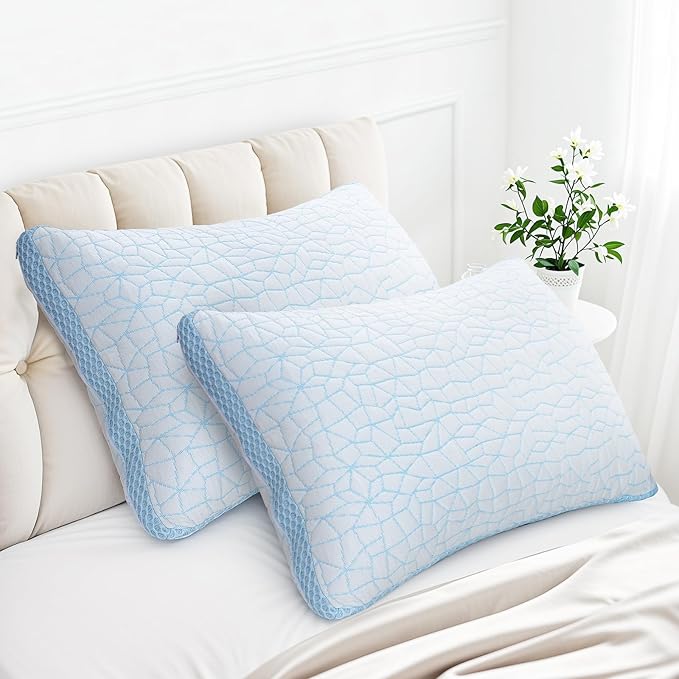 Shredded Memory Foam Pillow, Bed Pillows for Sleeping on Back, Stomach and Side Sleeper, Adjustable Pillows Queen Size with Washable Cover (Queen - 2 Packs)