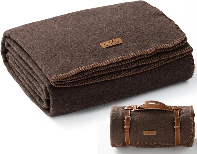100% Wool Blanket, 48" x 62", Warm, Thick, Washable, Military Wool Blanket, Great for Camping, Outdoors, Sporting Events, Survival Kits, Brown