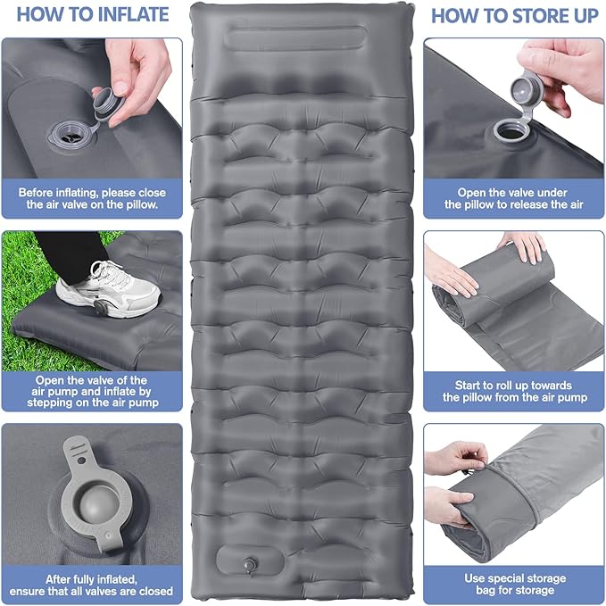 Sleeping Pad, 6" Extra Thick Camping Mat with Pillow Built-in Foot Pump, Ultra Comfortable Inflatable Sleeping Mat for Camping, Backpacking, Hiking, Camp Tent - Enjoy a Comfy Sleep