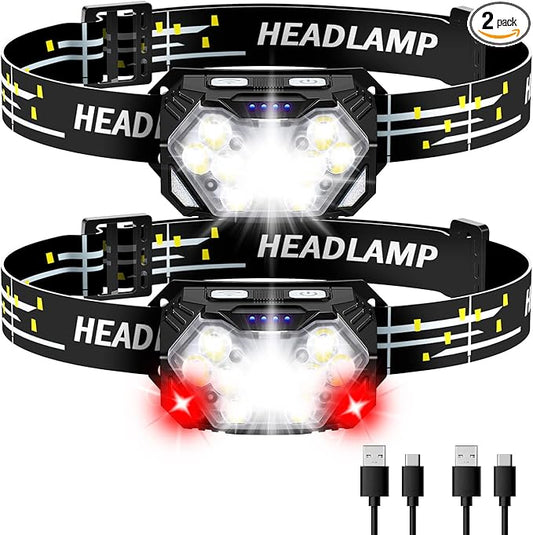 2000LM Ultra Bright 9 LED Headlamp, 2 Pack USB C Rechargeable Headlights, 10 Modes, Motion Sensor, Waterproof Head Lamp Flashlight with Red Light, Adjustable Headband for Adults Camping